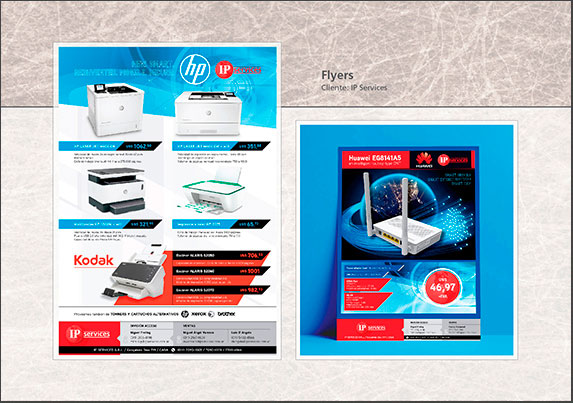 Flyers diseñados para IP Services en formato A4.