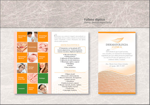 Folleto diseñado sobre la base de la textura de la piel y su flexibilidad. También se diseñó el logotipo de la clínica. Cliente: Dermatología Clínica.