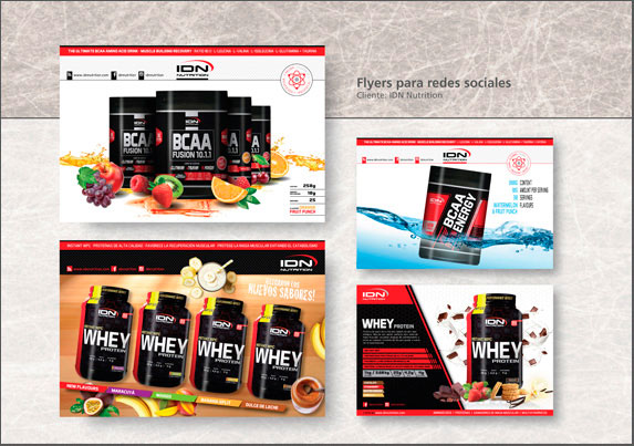 Flyers diseñados para la promoción de los productos IDN Nutrition a través de las redes sociales.