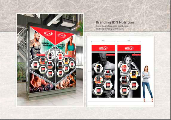 Diseñamos los afiches y banners para campañas publicitarias en Shoppings y Gimnasios. Cliente: IDN Nutrition.